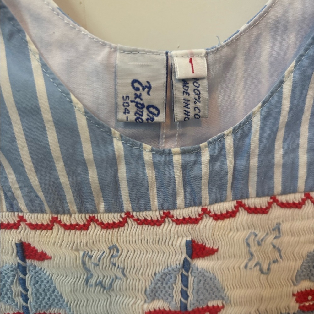 Blue and White Striped baby romper with Red Accents